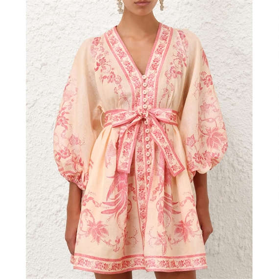 Zimmermann Lucky Plunge Mini Kjole, Cream Pink Floral 